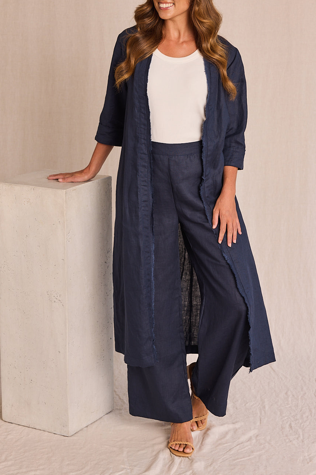 Long Line Fringed Linen Duster Jacket In Navy