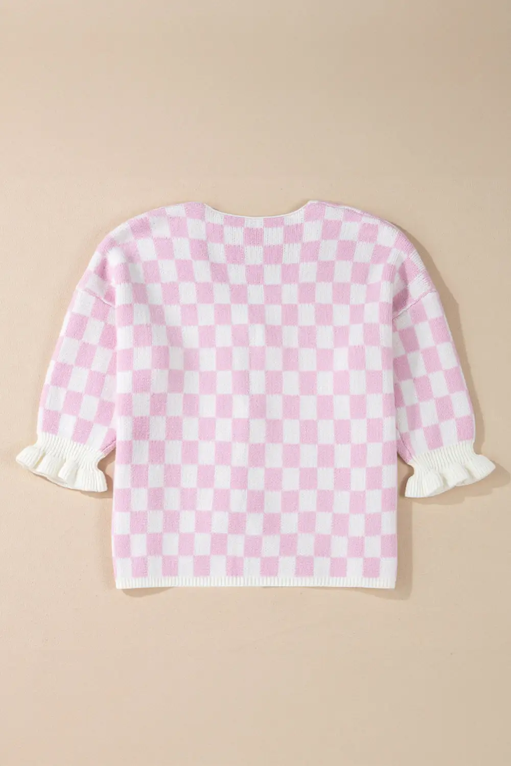 Light Pink Checkered Knitted Lace-up Ruffled 3/4 Sleeve Cardigan