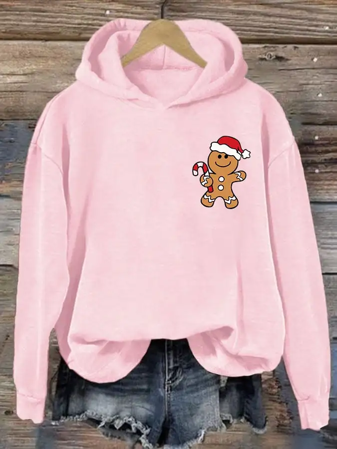 Women's Christmas Gingerbread Man Print Casual Hooded