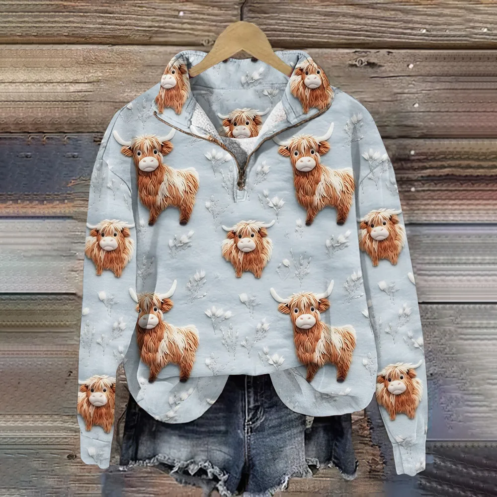 Highland Cow Print Zippered Long Sleeved Sweatshirt