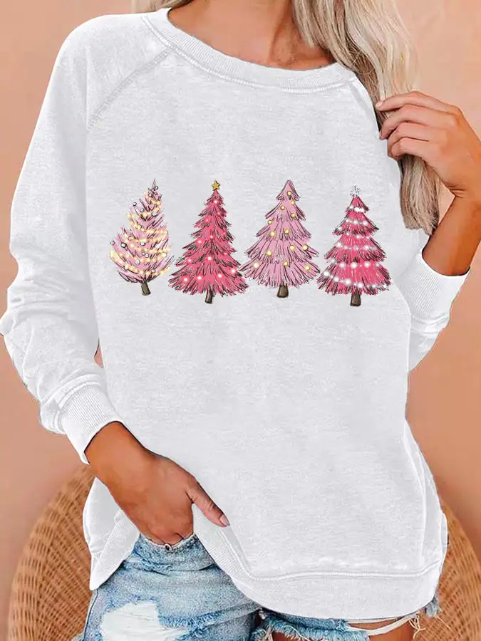 Women's Pink Christmas Tree Print Sweatshirt