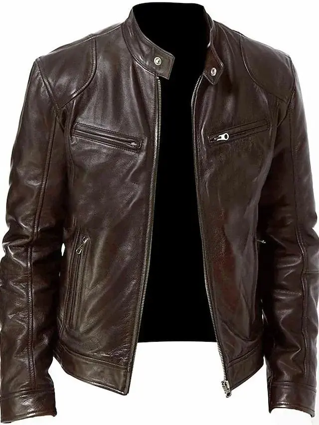 Men's Faux Leather Jacket Biker Jacket Motorcycle Jacket Daily Wear Thermal Warm Windproof Full Zip Fall Solid Color Simple Casual Stand Collar Faux Fur Regular Fit Black Brown Jacket