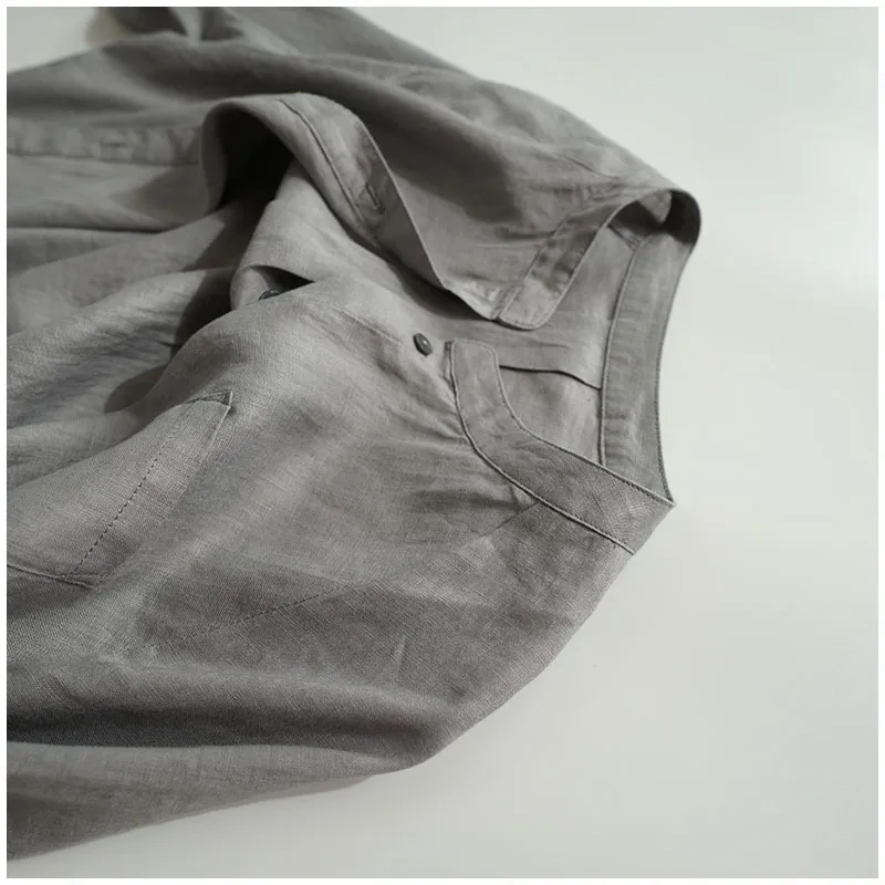 Stand collar 3/4 sleeve cotton linen shirt