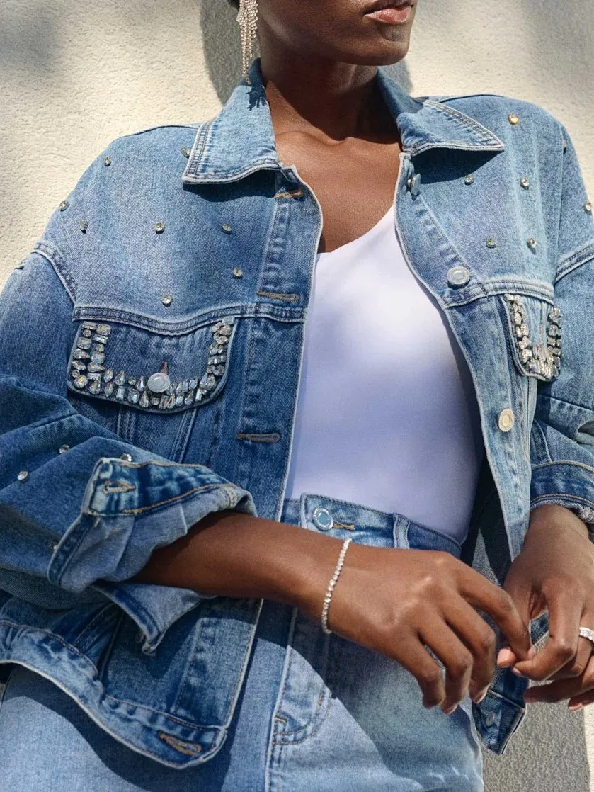 Embellished Denim Boxy Jacket