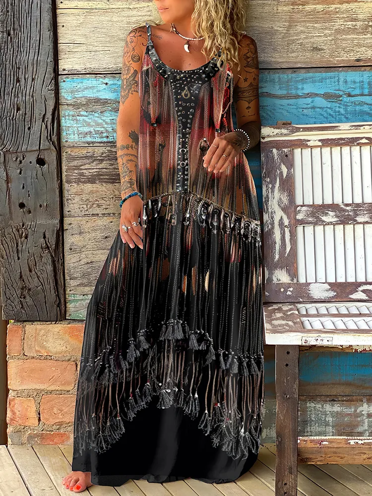 Women's Retro Western Ethnic Tassel Art Slip Maxi Dress