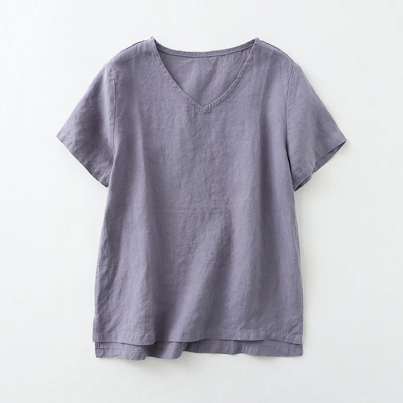 Simple cotton linen V-neck T-shirt