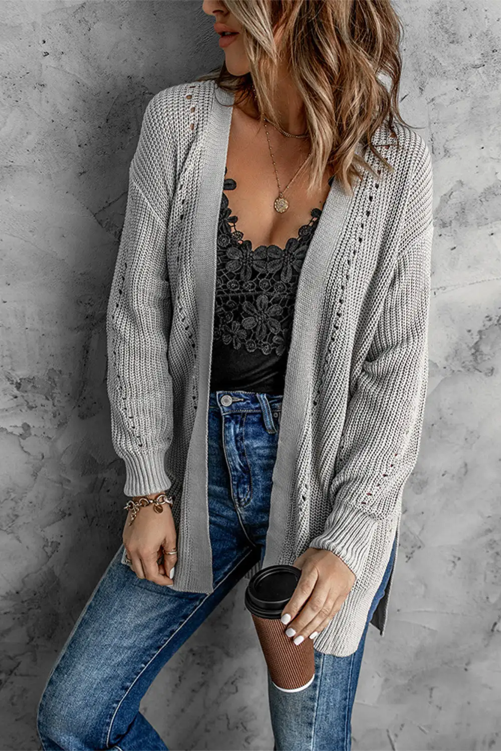 Drop Sleeve Cable Knit Cardigan With Slits