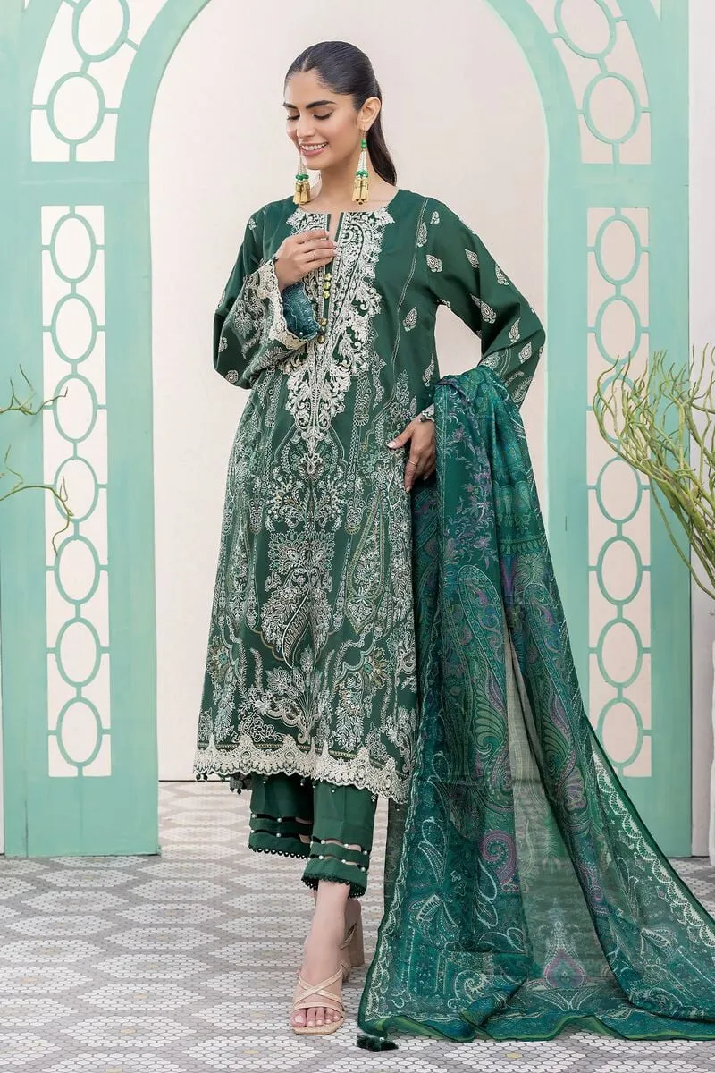 3 Piece Kurta Embroidered | Dupatta& Bottom & Tops | Color Dark green