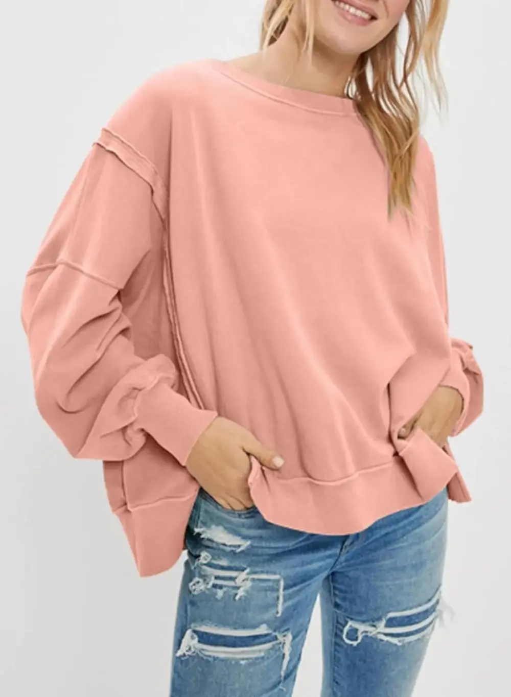 Oversized Reverse Seam Sweatshirt Long Sleeve Crewneck Pullover