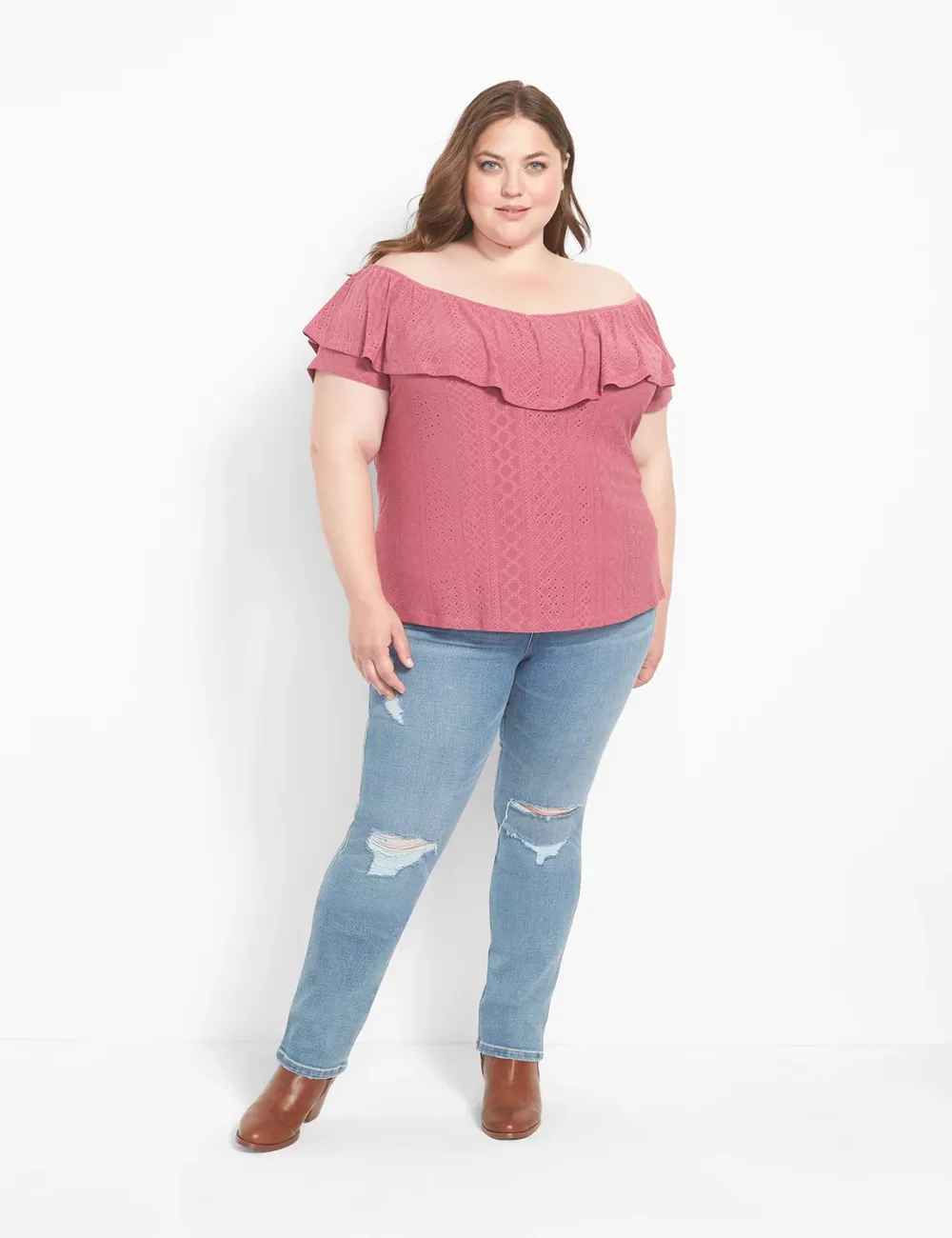 Classic Ruffle Off-The-Shoulder Eyelet Knit Top