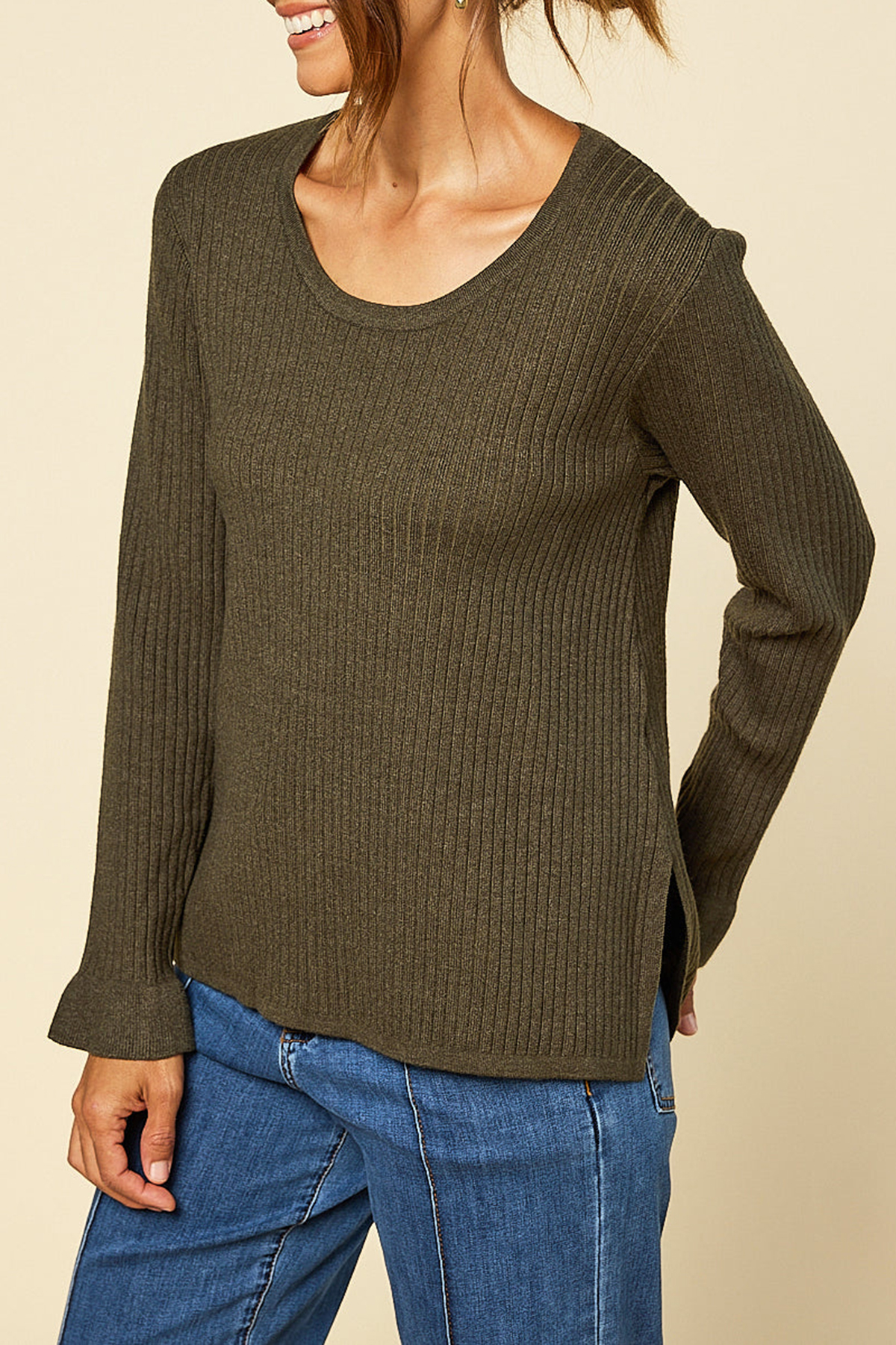 Long Sleeve Knitted Top In Khaki