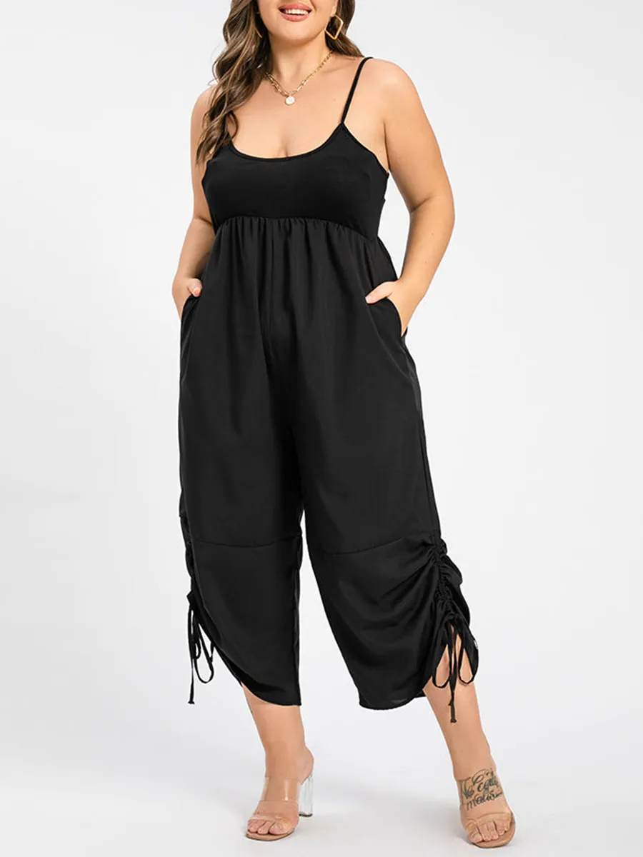 Plus Black Ruched Drawstring Hem Cami Jumpsuit