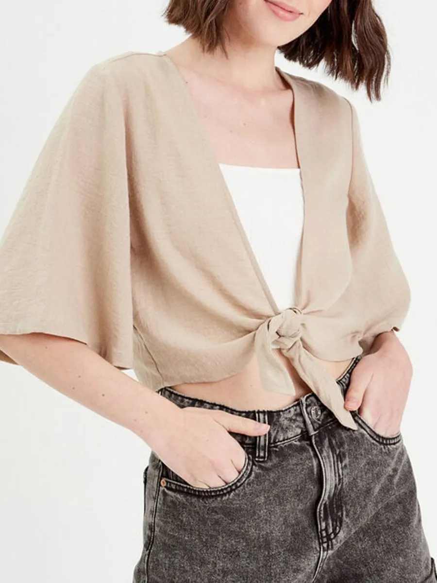 Blouse manches 3/4 nouée beige femme