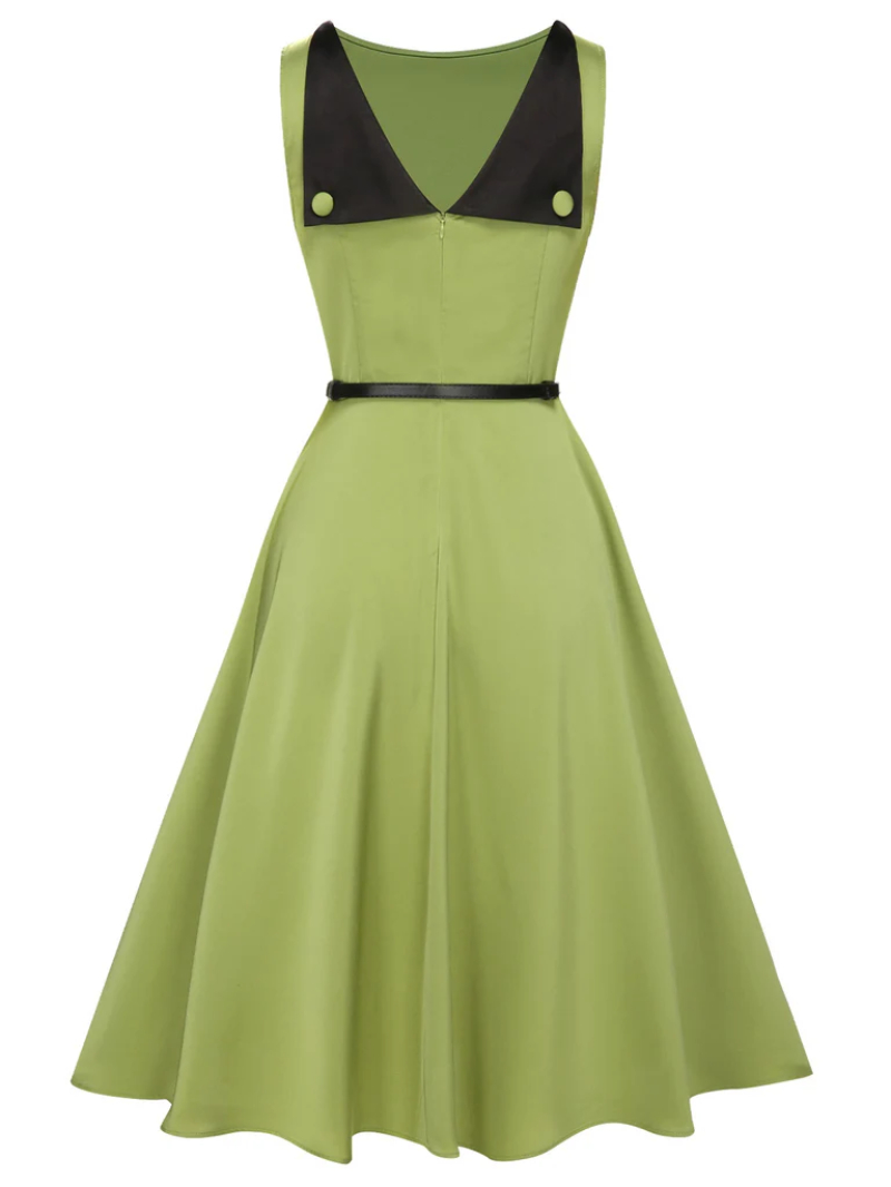 GREEN 1950S BOAT NECK SLEEVELESS BELT DRESS