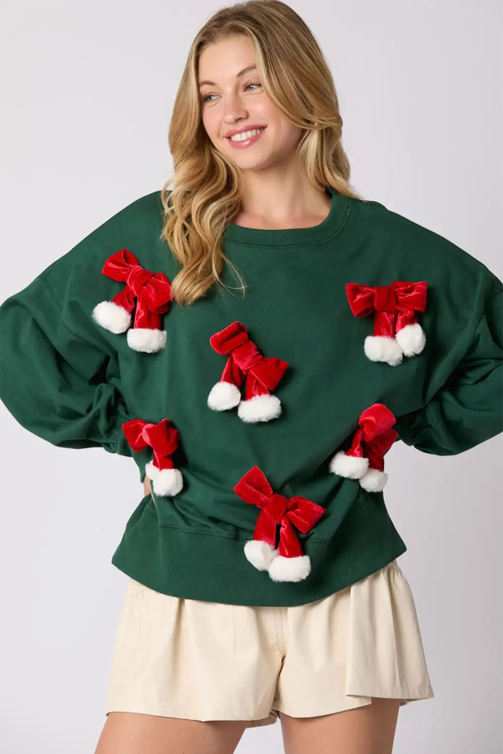 Blackish Green Christmas Bowknot Decor Crewneck Pullover Sweatshirt