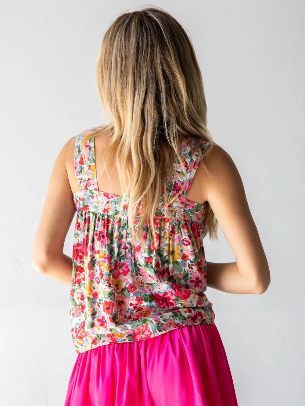 Kate Pleated Tank Top - Bright Pink Floral