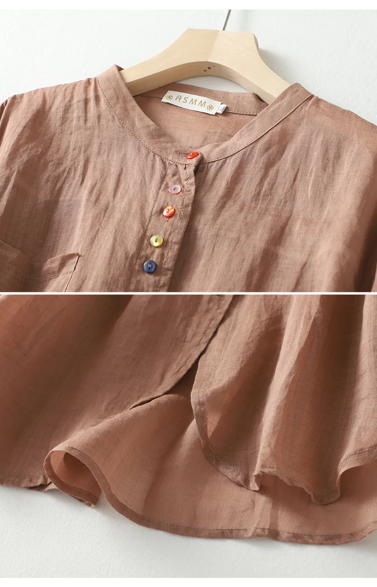 Art retro cotton linen color button irregular shirt