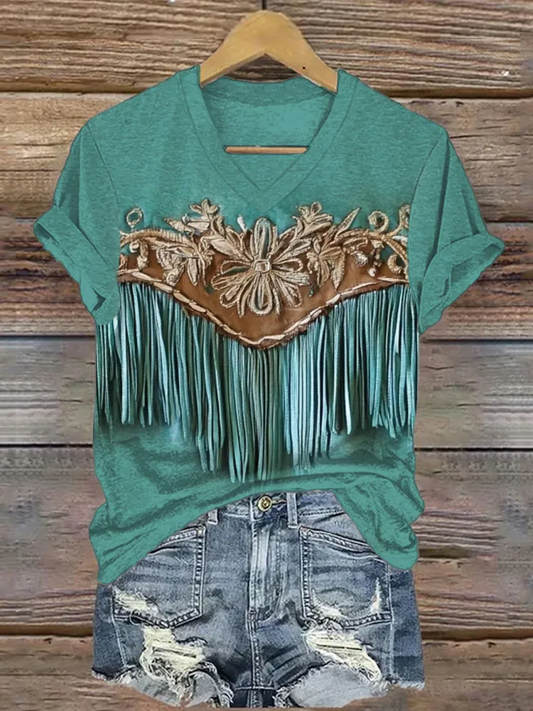 Floral Embroidered Turquoise Tassels V Neck T Shirt