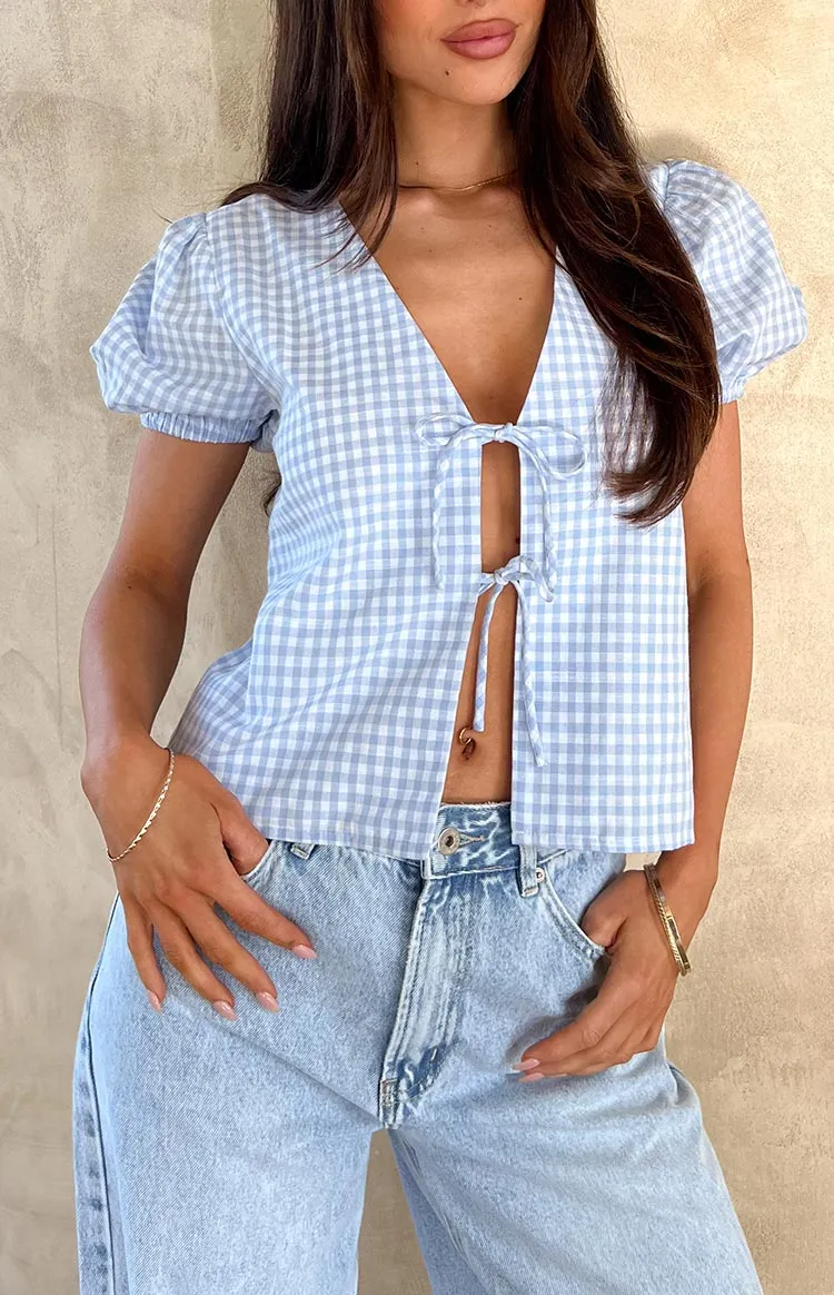 Lunya Blue Gingham Tie Up Top