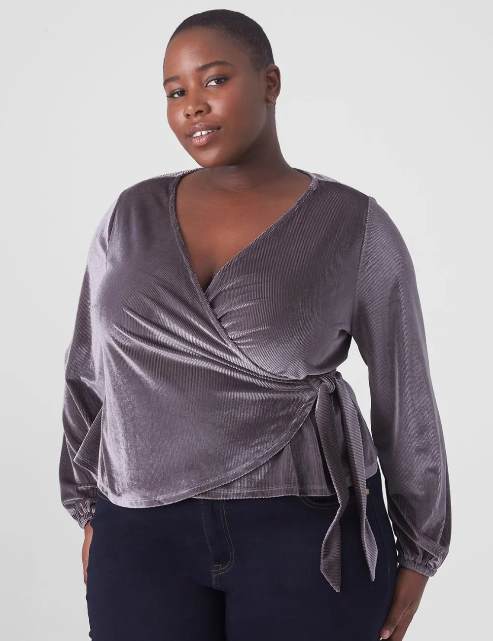 Classic Blouson-Sleeve Surplice Tie Velour Top