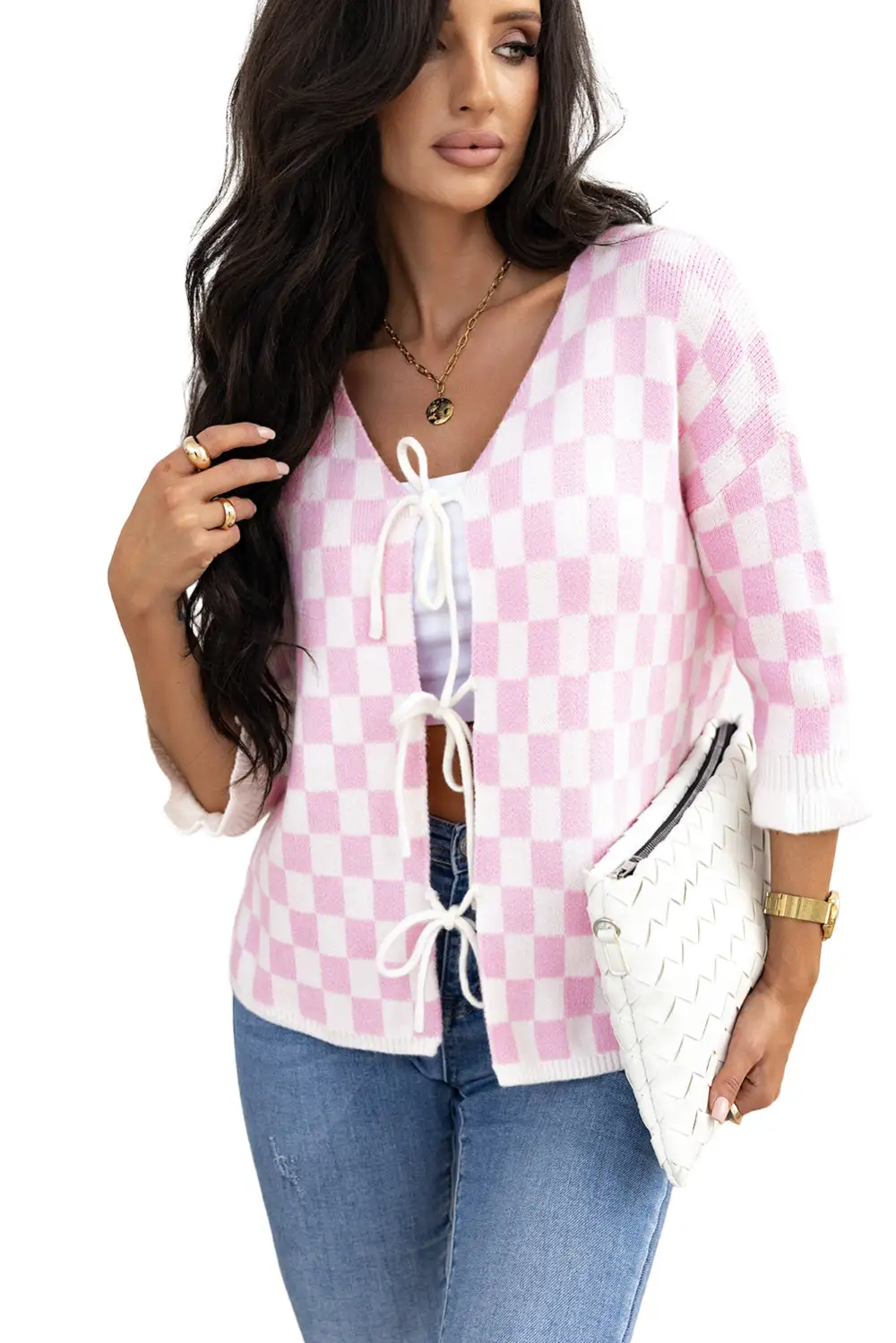 Light Pink Checkered Knitted Lace-up Ruffled 3/4 Sleeve Cardigan