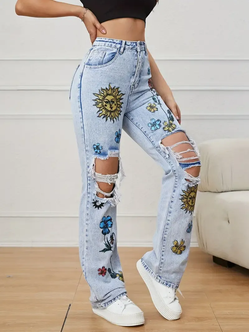 Blue printed denim pants