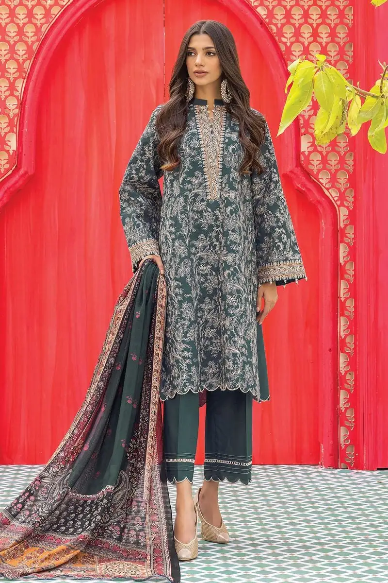 3 Piece Kurta Embroidered | Dupatta& Bottom & Tops | Color dark green