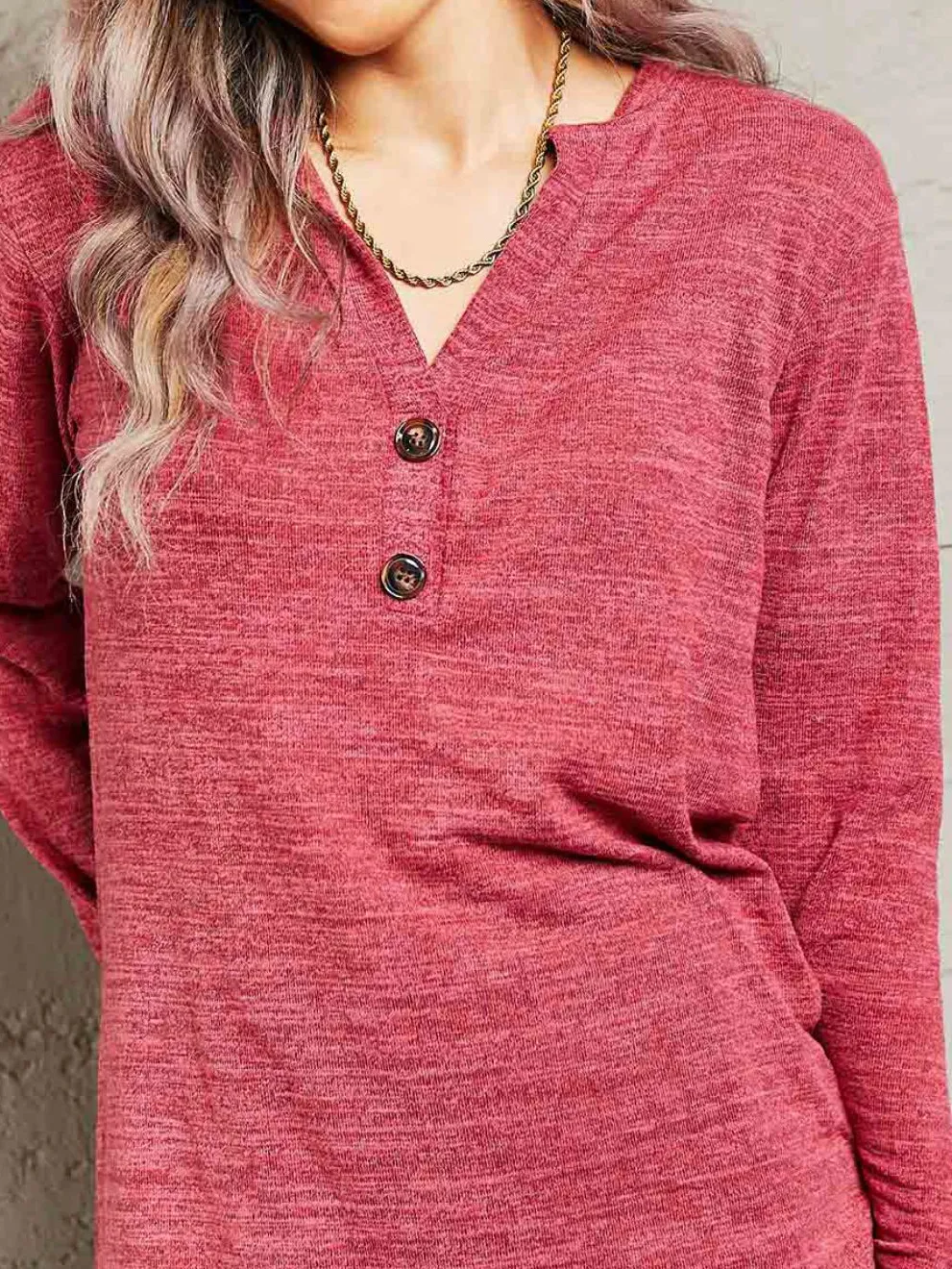 Buttoned Notched Neck Long Sleeve Top