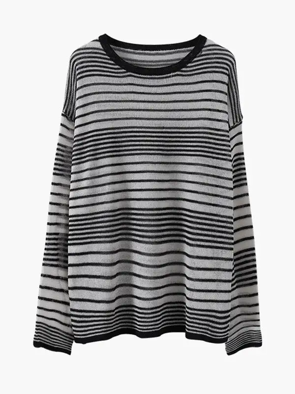 Casual Striped Round-Neck Long Sleeves Knitwear Tops