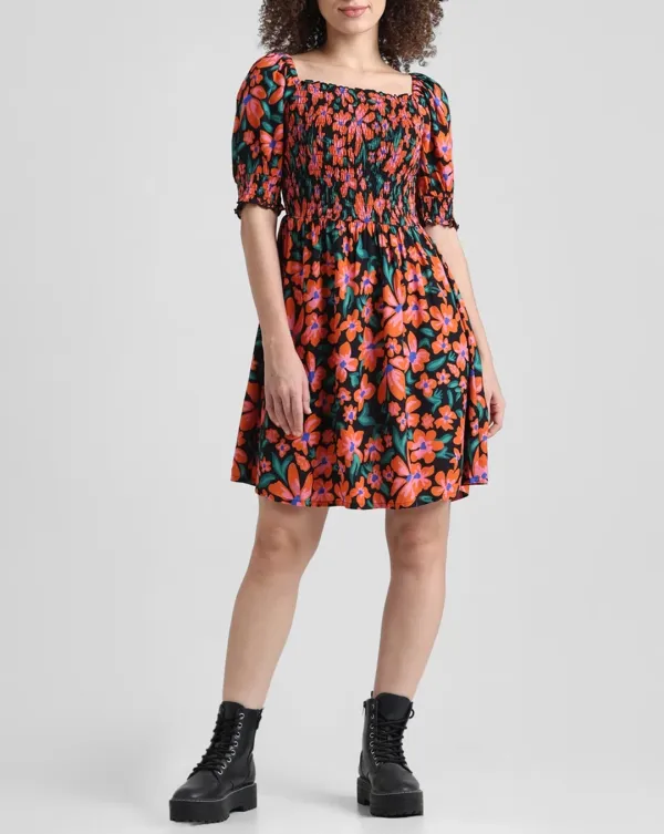 Black Floral Smocked Dress