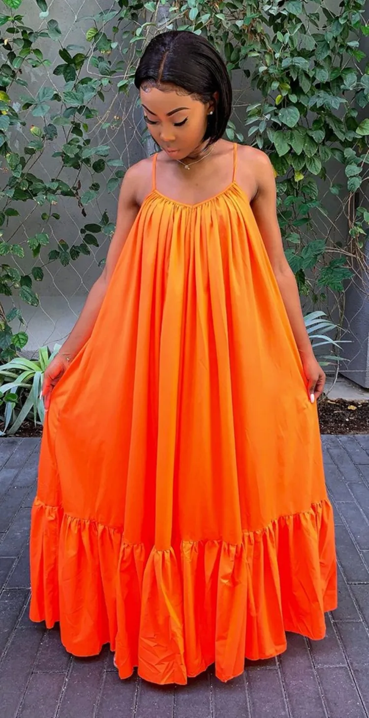 Women Summer Orange Strap Solid Color Boho Swing Long Maxi Dress