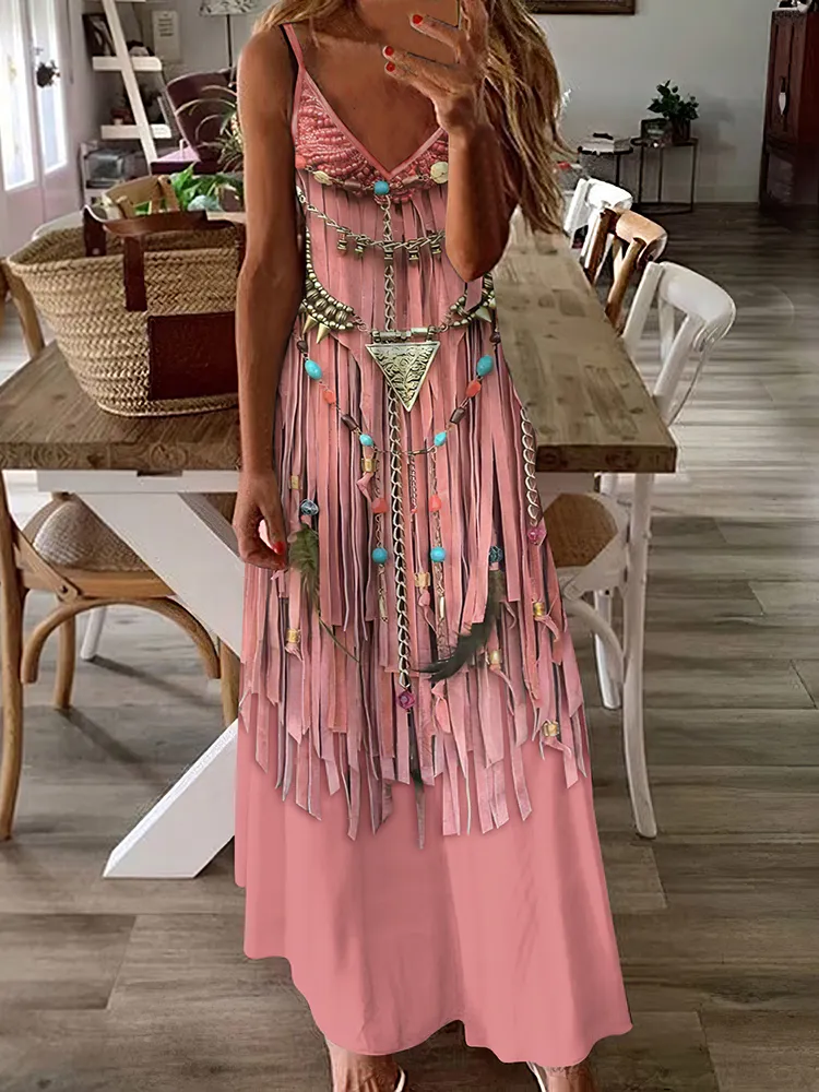 Western Tassel Printed V-Neck Suspender Maxi Dress