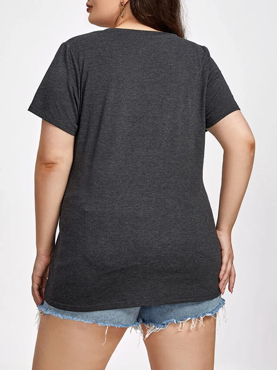 Plus Black Round Neck Button Ditsy Hem Tee