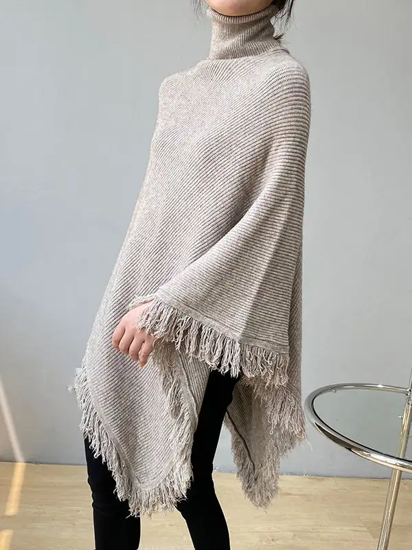 Casual Loose Tasseled Solid Color High-Neck Sweater Tops