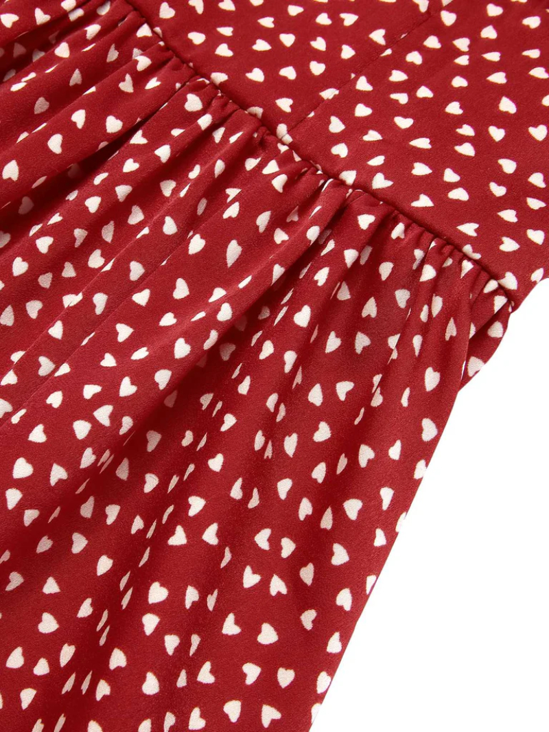 RED 1950S SPAGHETTI STRAP HEART PRINT DRESS