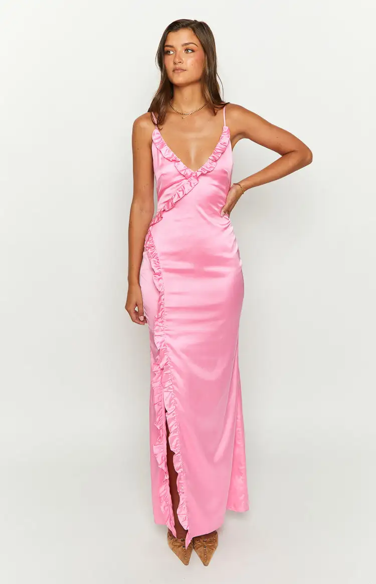 Nahanee Pink Satin Ruffle Maxi Dress