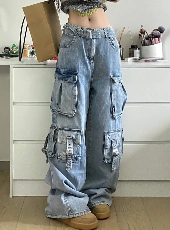 Wide Leg Pocket High Waist Loose Jeans