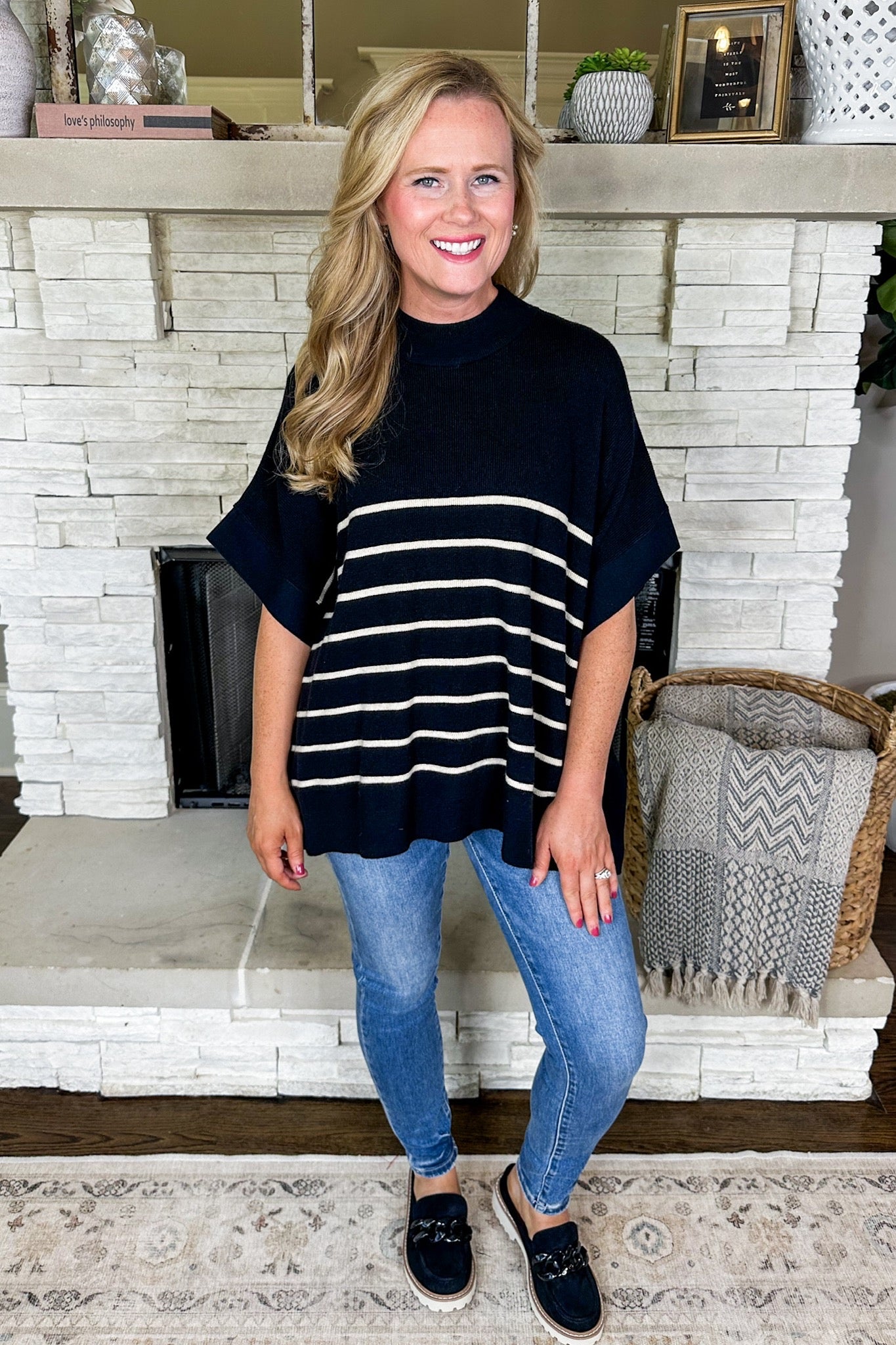 Classic Black & White Striped Viscose Poncho Top