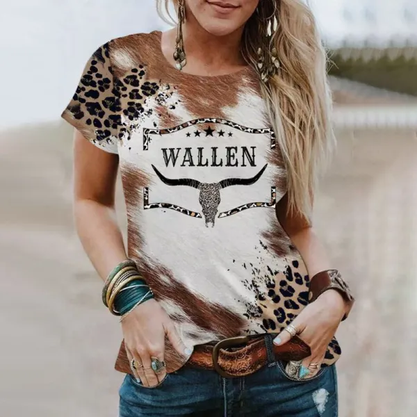 Western Print Round Neck Short Sleeve T-Shirt