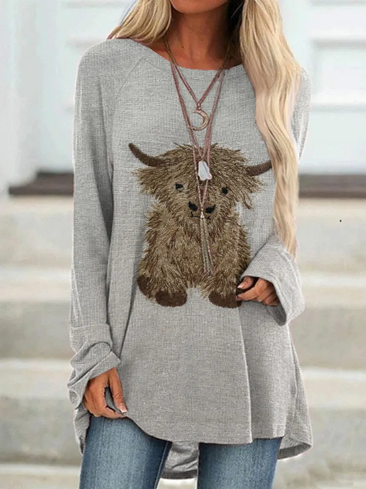 Highland Cow Print Round Neck Long Sleeve Tunic