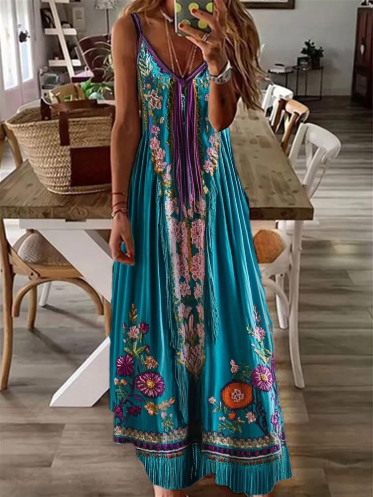 Boho Tassels Floral Embroidered Cami Maxi Dress