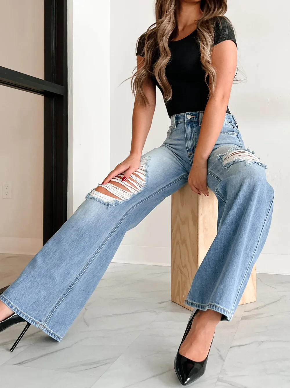 Kyra High Rise Distressed Wide Leg Sneak Peek Jeans