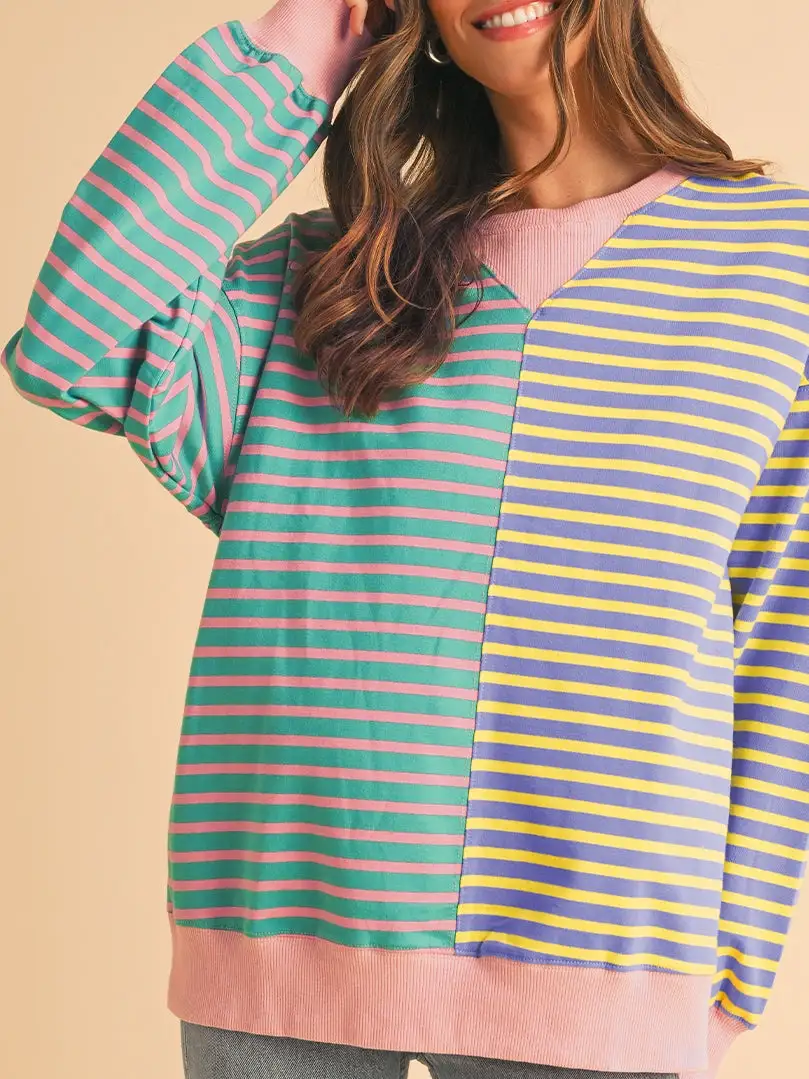 Stripe Colorblock Drop Shoulder Oversize Sweatshirt Pullover