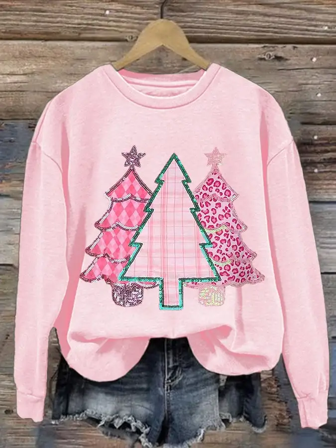 Women's Christmas Tree Print Round Neck Sweatshirt