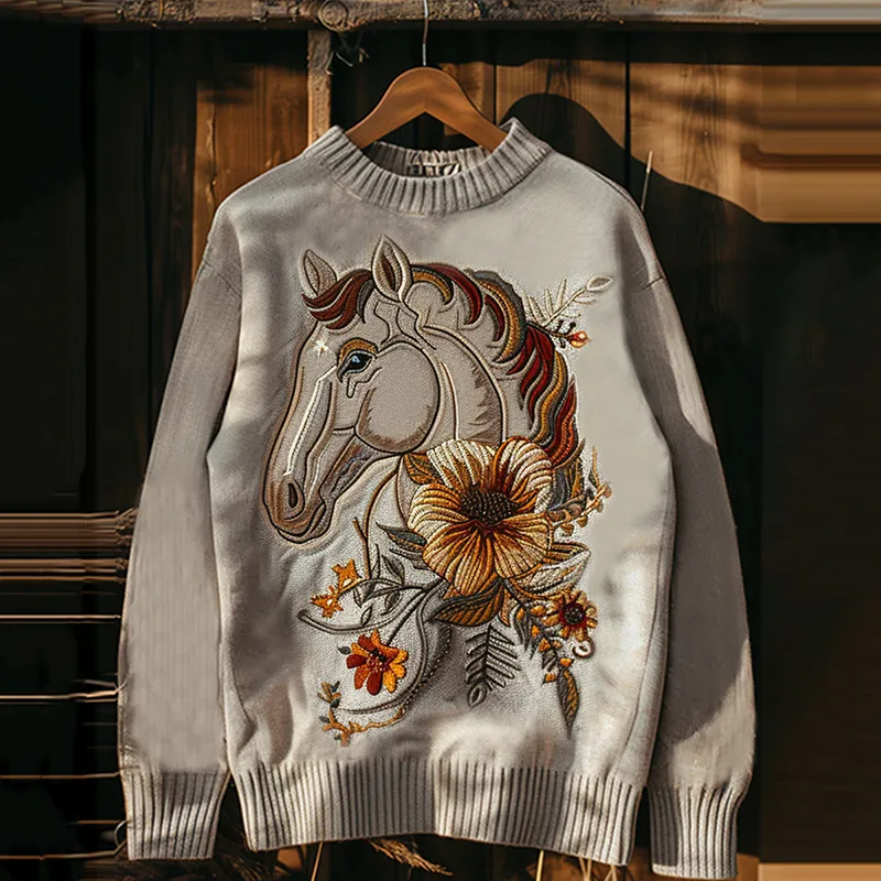 Western Floral Horse Print Round Neck Casual Sweatshirt