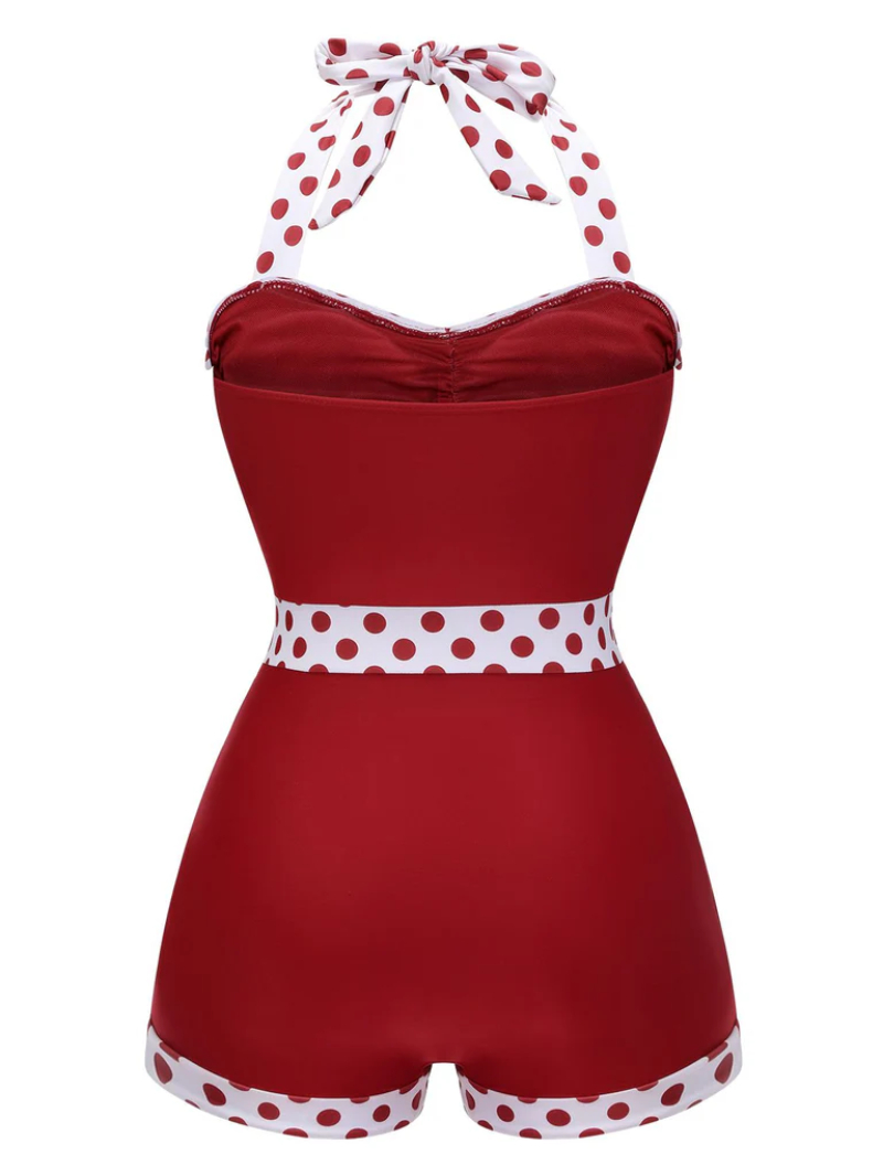 RED 1940S HALTER PATCHWORK ONE-PIECE SWIMSUIT