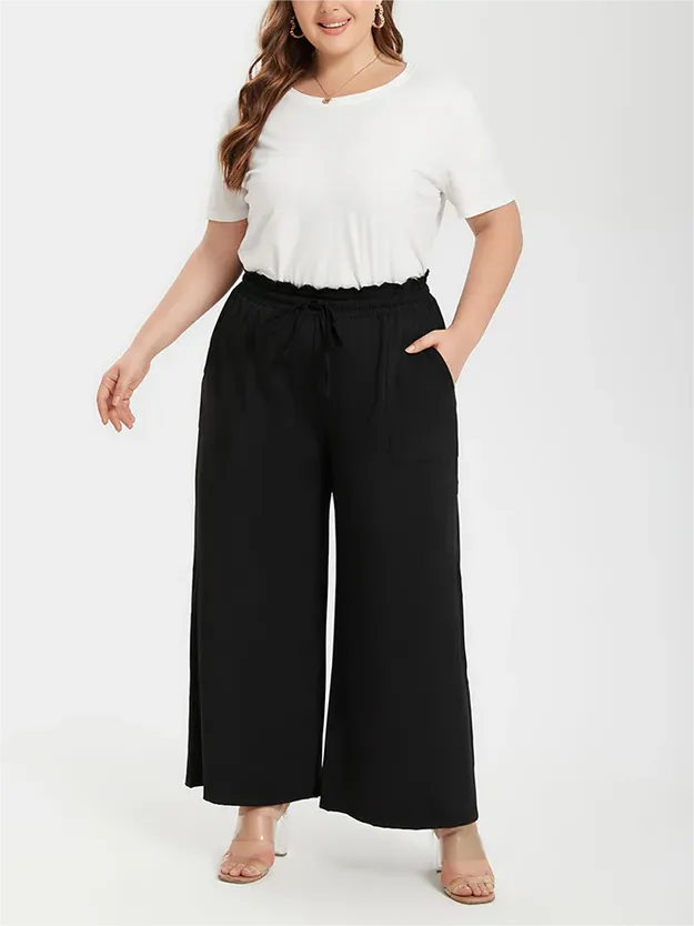 Plus Plain Paperbag Waist Kont Front Pocket Wide Leg Pants