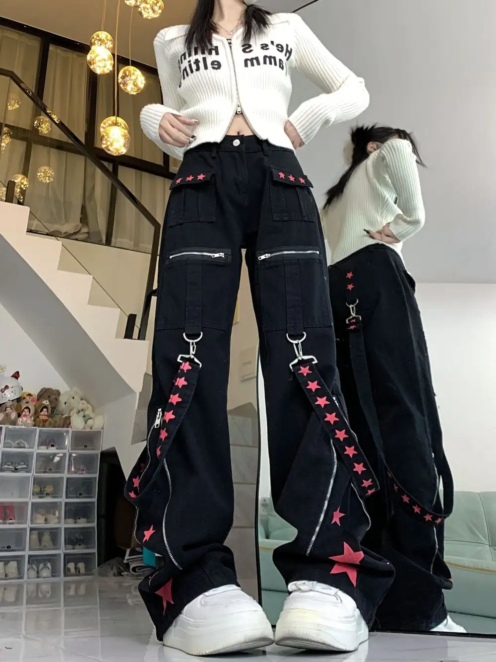 Contrasting Color Ribbon Metal Decorative Splicing Pants