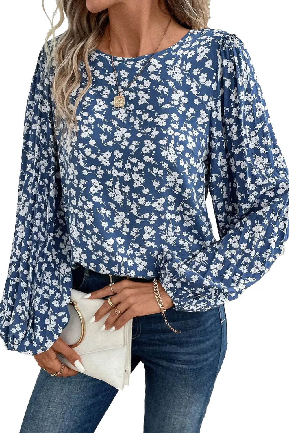 Blue Ditsy Floral Print Lantern Sleeve Blouse