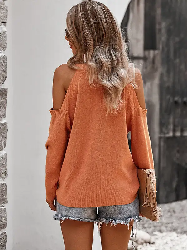 Casual Solid Color Round-Neck Cold Shoulder Long Sleeves Knitted Sweater